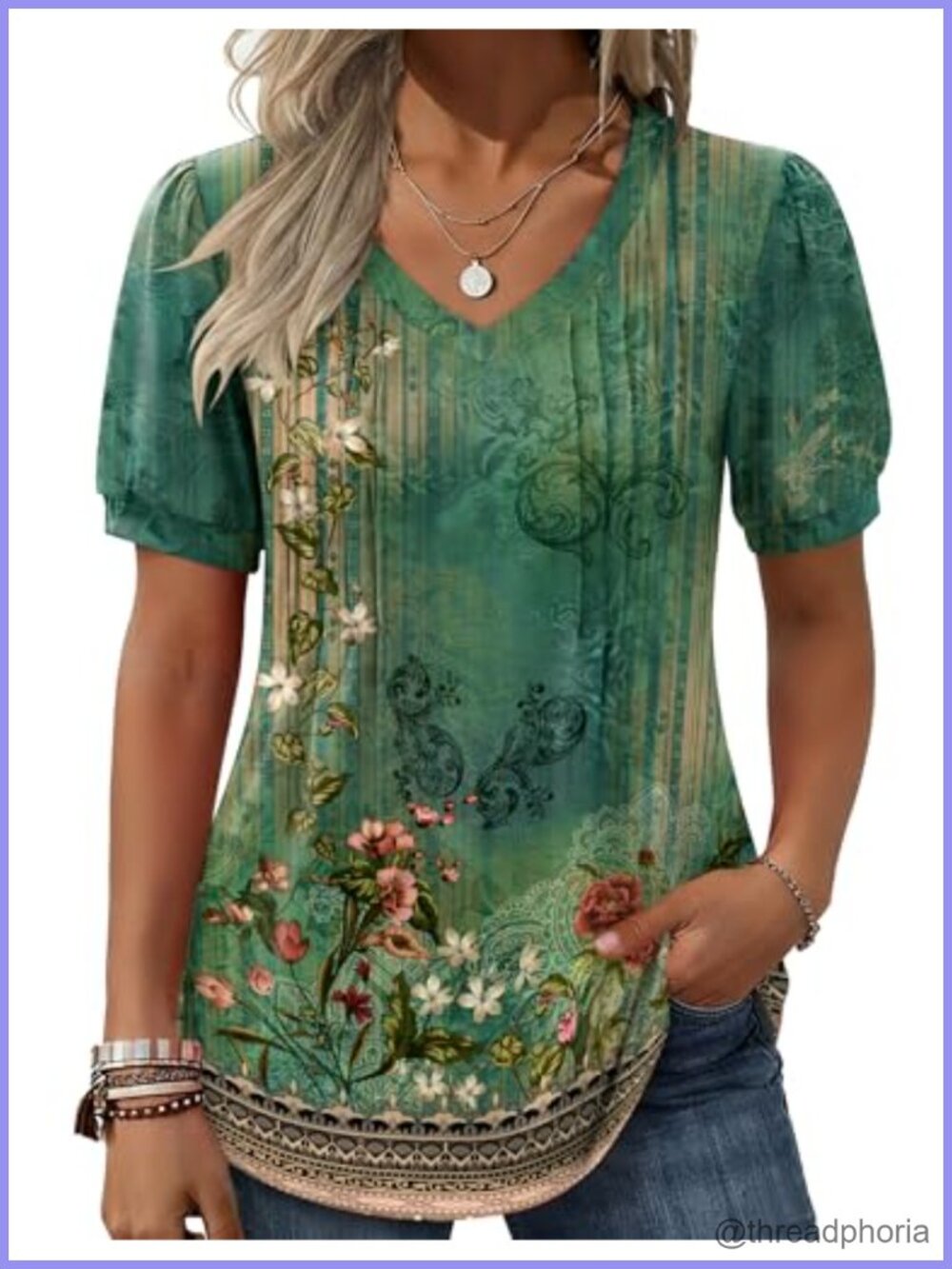 Puff Short Sleeve V Neck Pleated Tunic Blouse Loose Flowy Top